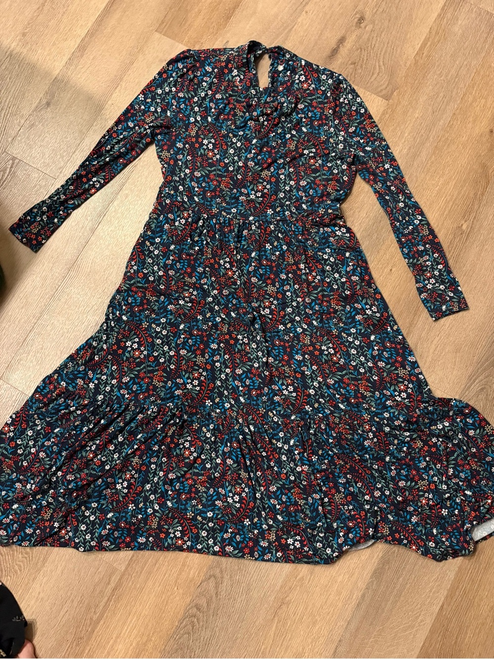 Boden Teal Floral Tiered Long Sleeve Dress with Red Accents